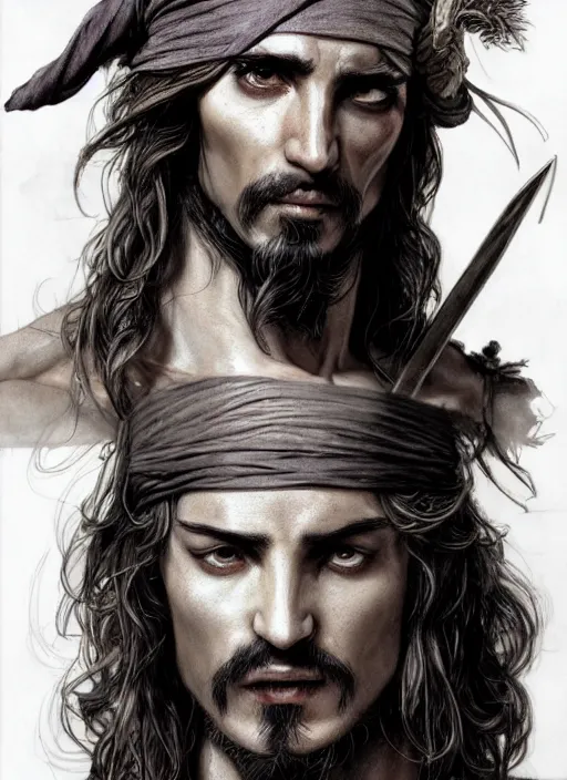 Prompt: detailed pencil spot illustrations of various character concepts from the prince of persia and game of pirates of the caribbean movie, various poses, by burne hogarth, by bridgeman, by anthony ryder, by yoshitaka amano, by ruan jia, by conrad roset, by mucha, cgsociety, artstation.