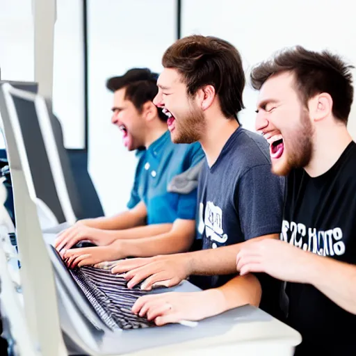 Image similar to several guys typing on keyboard while laughing very hard, mouth wide open, studio light, photorealsitic