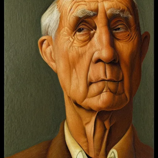 Image similar to portrait of old man by Grant Wood, on simple background, oil painting, middle close up composition