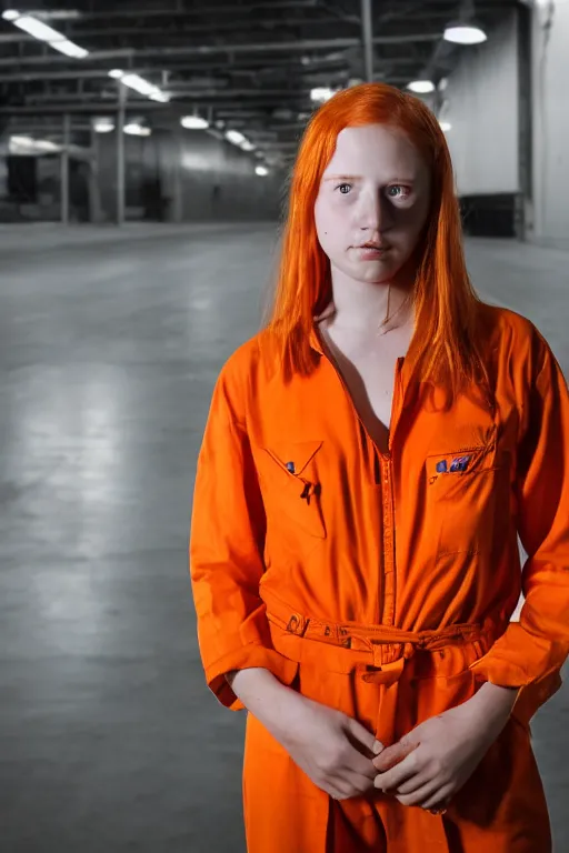 Image similar to portrait photo of a danish teenage girl in an orange jumpsuit. Natural, orange hair, freckles. In an industrial environment. Shallow depth of field. Dramatic lighting. Highly detailed. Closeup.