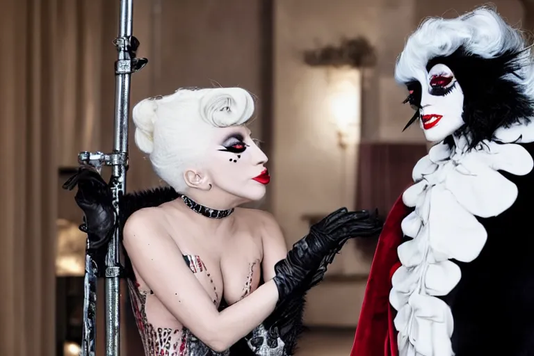 Image similar to lady gaga plays cruella in the live action adaptation of cruella, red weapon 8 k s 3 5, cooke anamorphic / i lenses, highly detailed, cinematic lighting