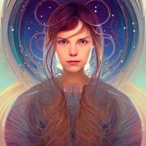 Image similar to portrait of a girl with the universe inside her head, filaments, surreal, intricate, headshot, highly detailed, digital painting, artstation, concept art, sharp focus, cinematic lighting, illustration, art by artgerm and greg rutkowski, alphonse mucha, cgsociety, science fiction