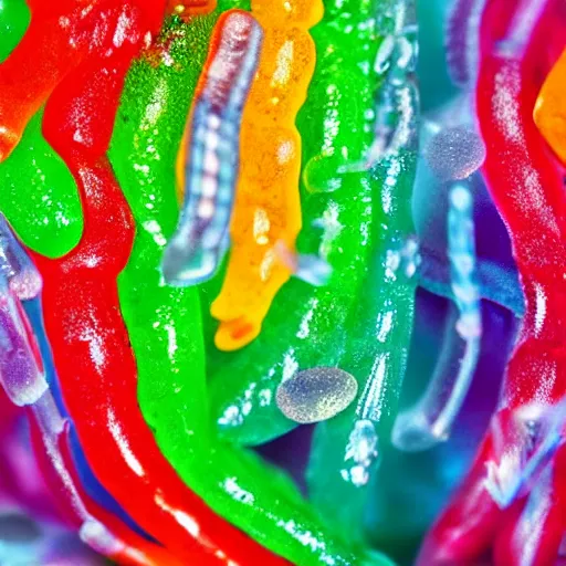 Image similar to macro image of a bowl full of gummy worms, realistic, glistening, slightly sprayed with water.