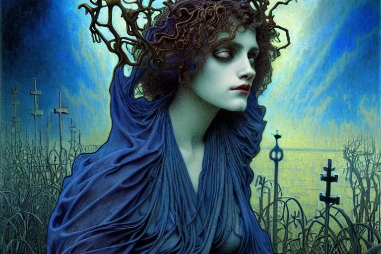 Image similar to realistic detailed portrait painting of a beautiful female zombie, nightly graveyard landscape background by Jean Delville, Amano, Yves Tanguy, Alphonse Mucha, Ernst Haeckel, Edward Robert Hughes, Roger Dean, masterpiece, cinematic composition, dramatic pose, 4k details, rich moody colours, blue eyes