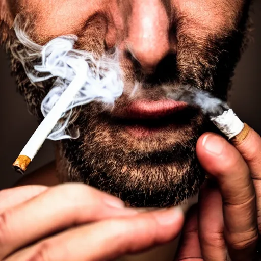 Prompt: a photo portrait of a smoker. smoke. happiness