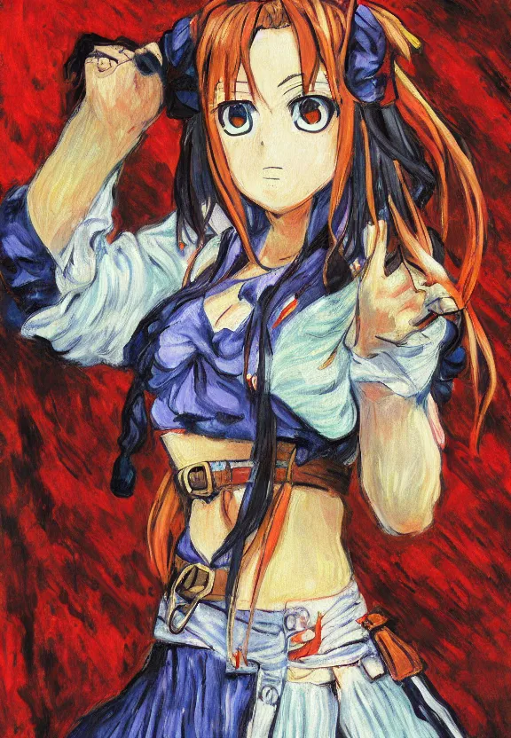 Prompt: wide angle painting of a female pirate, a thrifty uniform, somewhat of an anime in impressionist style, trending artwork, illustrated in anime painter studio, by claude monet and an anime artist, collaboration