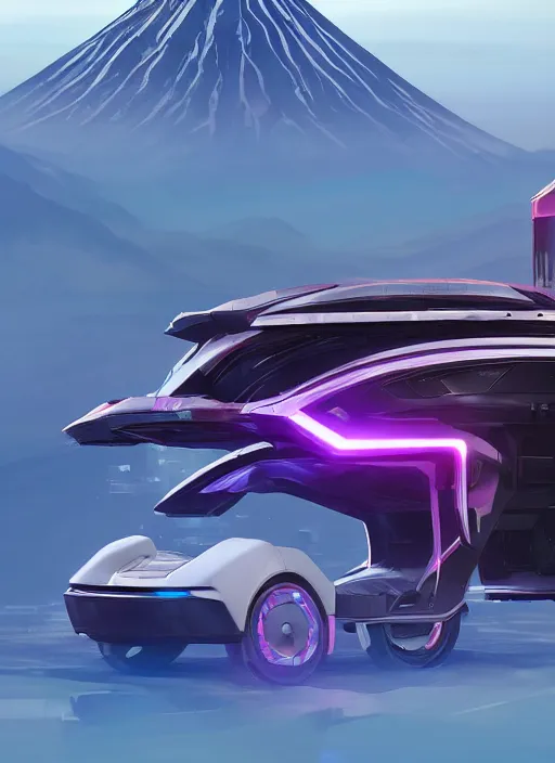 Image similar to a futuristic crystalpunk tesla cyber truck vehicle hover craft in the future of 2 0 8 9 futuristic version, cyberpunk look. digital art. trending on artstation. cyberpunk look hovering by mount fuji early in the morning with a few blossom trees around, high quality photo