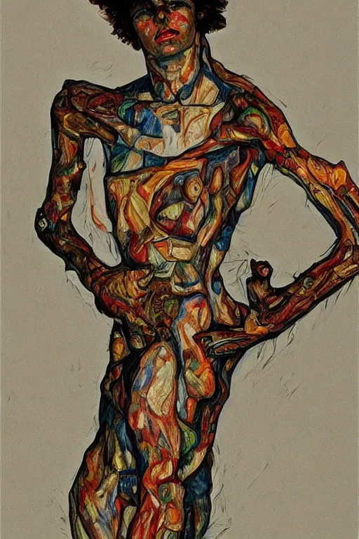 Image similar to a full body character with lifted arms in style of egon schiele, masterpiece, hyperdetailed, complex, intricate, veiled, 4 k, dynamic!! trending on artstation,