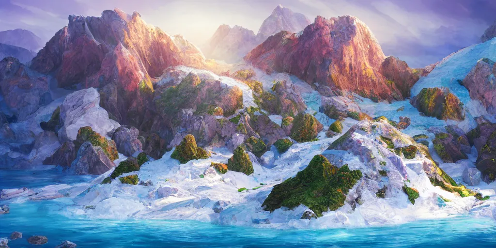 Prompt: a salt covered island surrounded by colourful rugged crystal quartz mountains, illustration, bright sunlight, sun glints, sunrays, digital art, hyperrealistic, oil painting, fantasy, 8 k, trending on artstation, detailed