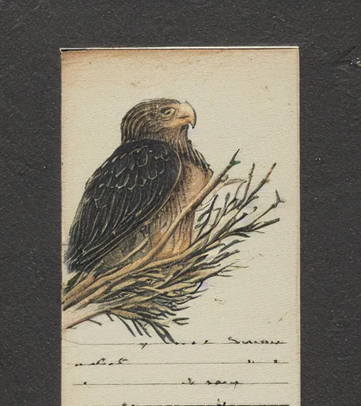 Image similar to tattered postcard of 'an eagle in the nest of a snowy pine tree'