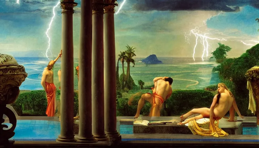 Image similar to From inside the balcony of the giant Palace, mediterranean balustrade and columns, refracted lines and sparkles, thunderstorm, greek pool, beach and Tropical vegetation on the background major arcana sky and occult symbols, by paul delaroche, hyperrealistic 4k uhd, award-winning, very detailed paradise