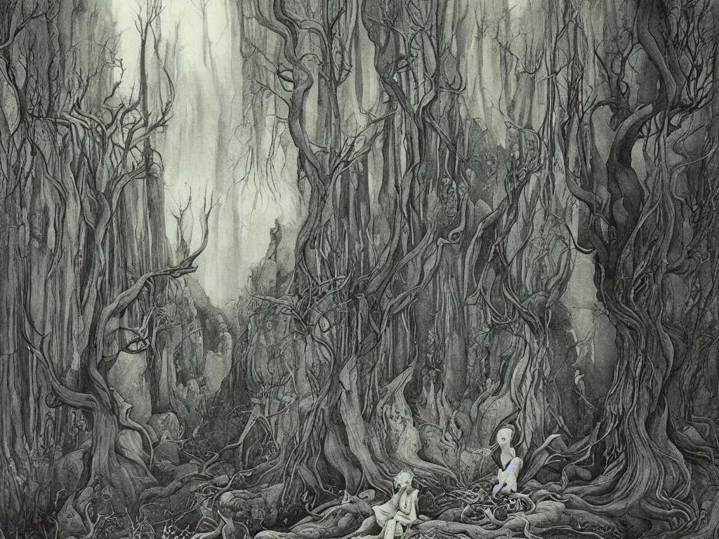 Image similar to ancient forest, artstation, by aubrey beardsley, by caspar david friedrich, by laurie lipton, by kay nielsen, by ivan shishkin, calligraphy, divine, spiritual, paradox, mysterious!, atmospheric, surreal, terrifying, witchcraft!, hope, mountains! background