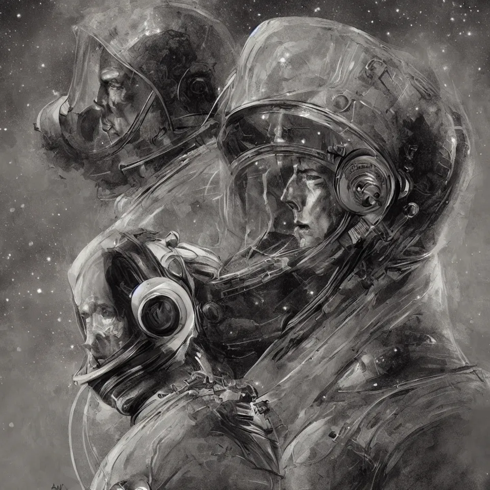 Image similar to album cover, portrait of a astronaut wearing head phones by ben templesmith, cinematic, epic composition, hd, digital painting, digital art, concept art, illustration, comic art, stylized, masterpiece, award - winning