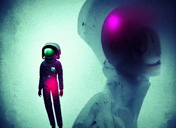 Image similar to portrait of a zombie astronaut girl, colorful, modern art deco, mads berg, karolis strautniekas, christopher balaskas, stippled light, fog, moody, fine texture, editorial illustration, dramatic lighting, dynamic composition, detailed, matte print, dynamic perspective, muted color