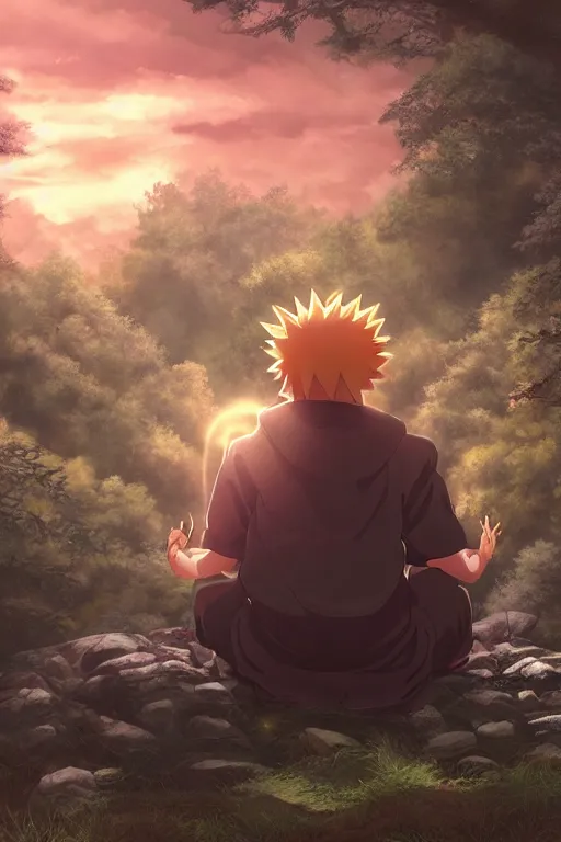 Image similar to photorealistic dark fantasy concept art of Naruto meditating in a forest, dynamic lighting, stunning visuals, realism, cinematic, hyper detailed, ultra detailed, beautiful visuals and sunset