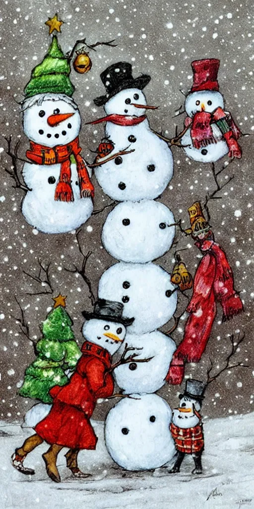 Prompt: a snowman christmas scene by alexander jansson