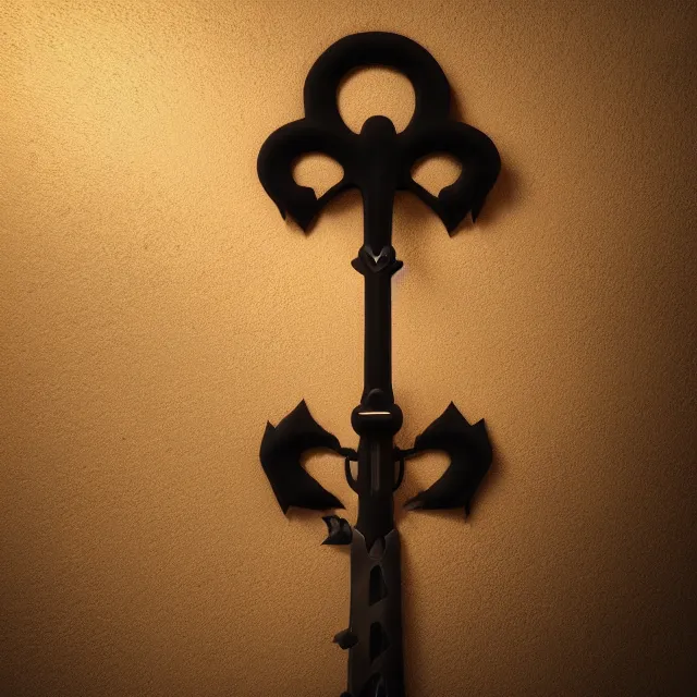 Image similar to kingdom hearts keyblade fluffy scary, dark cinematic, volumetric, realistic, 3 d render, cinematic lighting, ray tracing, cinematic, unreal engine 5, unreal engine render, octane render, hyper realistic, photo, 8 k