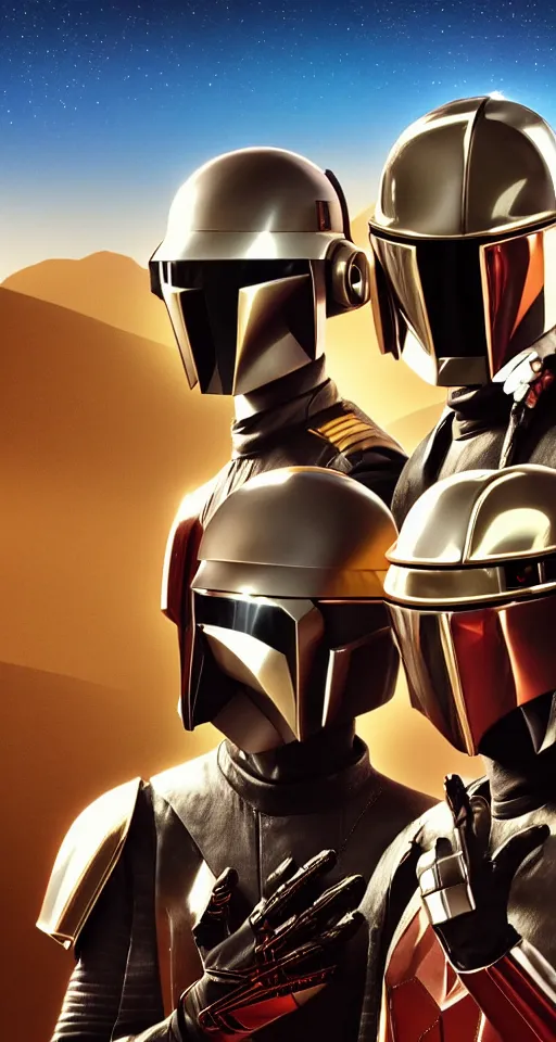 Prompt: daft punk wearing mandalorian helmet, led eyes, daft punk band, set in the dessert with a mountain in the background, detailed, volumetric lighting, realistic, cinematic