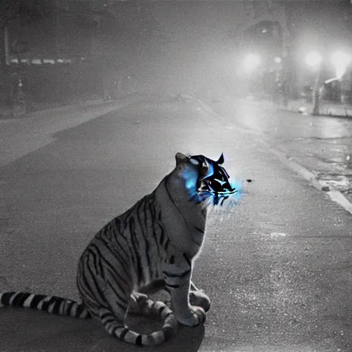 Prompt: retro photograph of a tiger smoking a cigarette in the streets of Dhaka at night, Kodak film photo