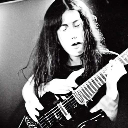 Image similar to 19-year-old girl, long shaggy black hair, playing electric guitar, stoner rock concert, proto-metal, doom metal, live on stage, super 8mm, 1973