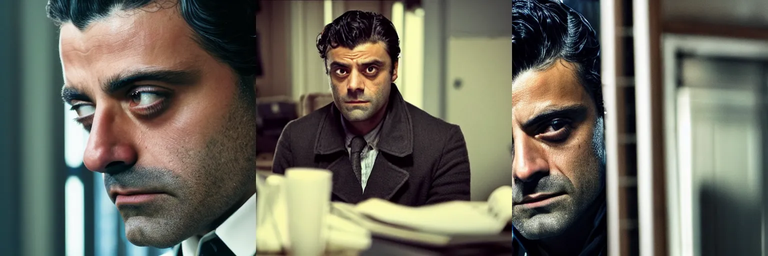 Prompt: close - up of oscar isaac as a detective in a movie directed by christopher nolan, movie still frame, promotional image, imax 7 0 mm footage