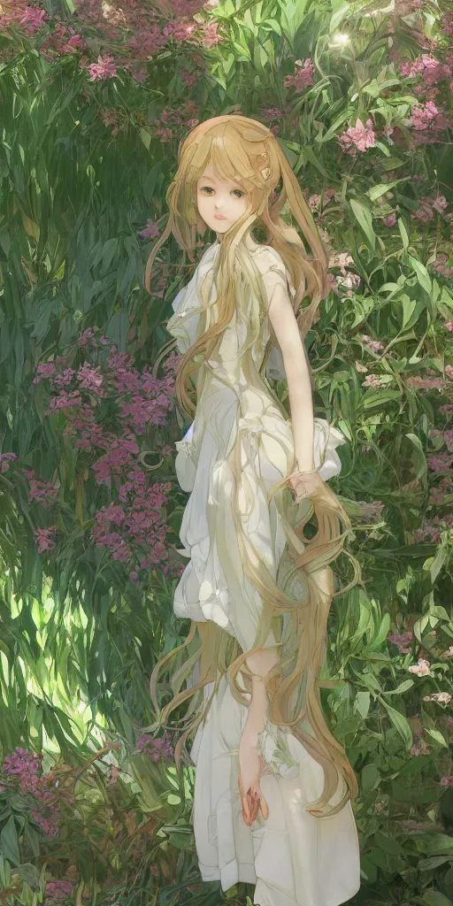 Image similar to a digital art of a loli with long hair in a dress in the privet garden at after noon, green and warm theme, by krenz cushart and mucha and akihito yoshida and greg rutkowski and makoto shinkai, low angle, long shot, back lighting, detailed eyes, 4 k resolution, trending on art station