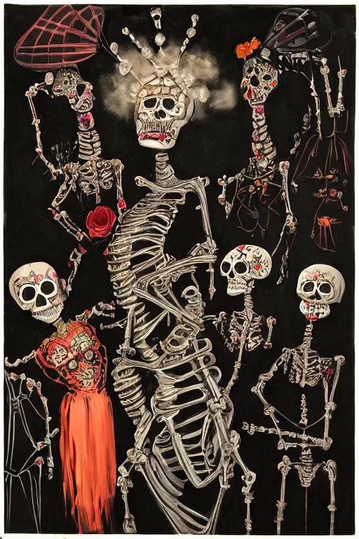 Image similar to scene from wedding, day of the dead, cyber skeletons, queen in black silk in the center, neon painting by otto dix