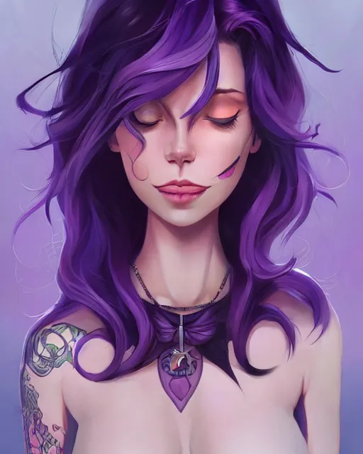 Image similar to beautiful female purple hair tattoo symmetrical happy face stunning eyes full length fantasy art icon, 2d art cover , official fanart behance hd artstation by Jesper Ejsing, by RHADS, Makoto Shinkai and Lois van baarle, ilya kuvshinov, rossdraws