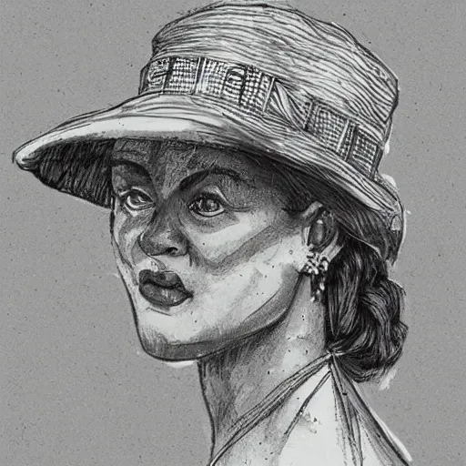 Image similar to drawing portrait of beautiful gorgeous woman with hat by Moebius science fiction