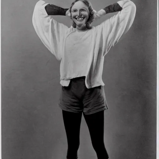 Prompt: a 1 9 2 8 portrait. happy, healthy, smiling, sporty, glowing greta garbo in athletic wear with big smile and healthy teeth.