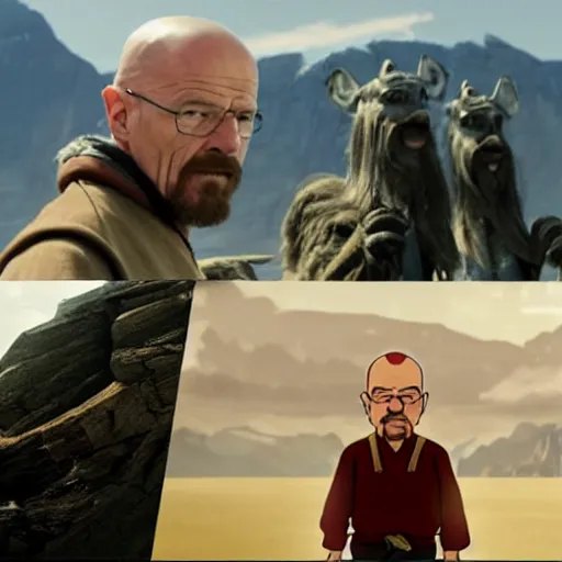 Prompt: Walter White in Avatar the Last Airbender, real photograph, screenshot from a movie