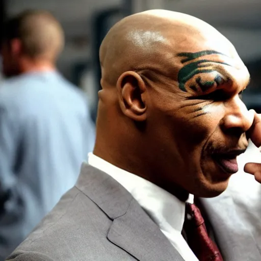 Image similar to mike tyson is talking to an older, grey haired person over the phone, who appears to be a friend of his. mike is telling him that he is angry at the world, and he hates the way he is doing life.