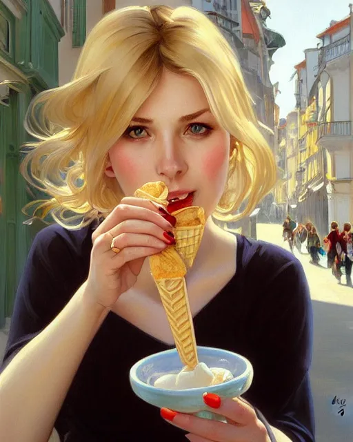 Image similar to Painting of a blonde lady eating an ice cream in Porto,real life skin, intricate, elegant, highly detailed, artstation, concept art, smooth, sharp focus, art by artgerm and greg rutkowski and alphonse mucha