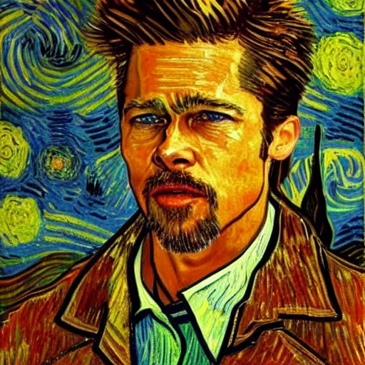 Prompt: brad pitt in the style of van gogh, highly detailed painting, high resolution