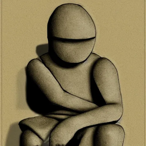 Prompt: rock dude sitting in a stone chair looking at his hands, in the style of stepehn gemmel, charcoal and ink on cold pressed paper, zbrush, high detail, atmospheric