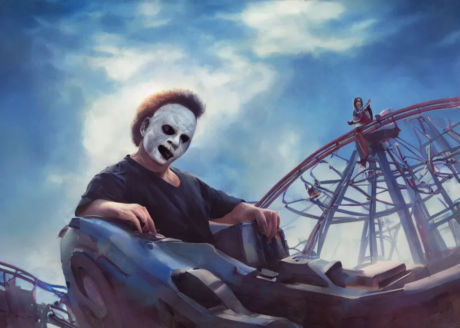 Image similar to portrait painting of Michael Myers having fun in a roller coaster, beautiful sky, sunny, happy, sharp focus, wide shot, trending on ArtStation, masterpiece, by Greg Rutkowski, clear facial features, by Ross Tran, by Fenghua Zhong, octane, soft render, oil on canvas, colorful, cinematic, environmental concept art