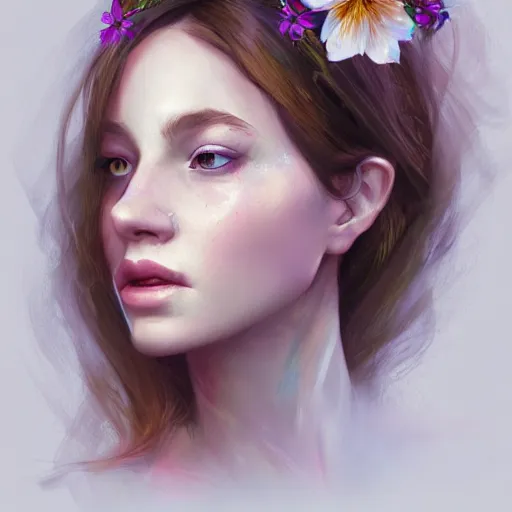 Image similar to character concept portrait of a beautiful woman with pale face, flowers in her hair, intricate, elegant, digital painting, concept art, realistic, smooth, focus, rim light