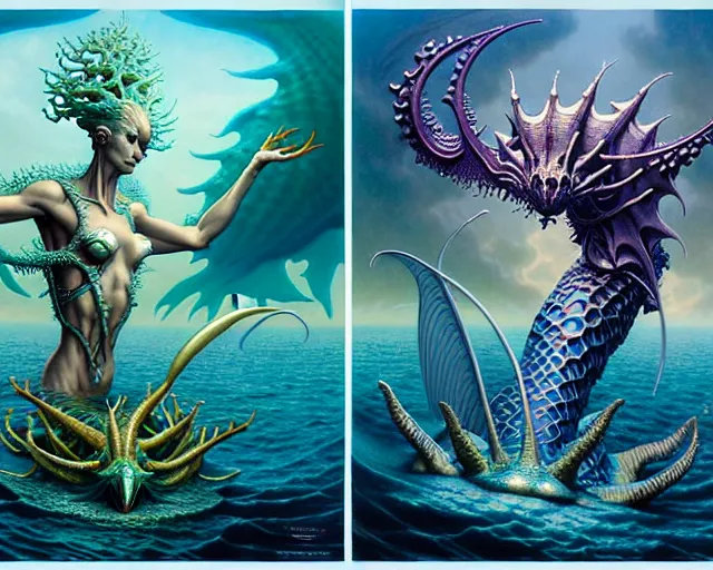 Prompt: the army of merfolk and sea monsters, ocean, fantasy character portrait made of fractals facing each other, ultra realistic, wide angle, intricate details, the fifth element artifacts, highly detailed by peter mohrbacher, hajime sorayama, wayne barlowe, boris vallejo, aaron horkey, gaston bussiere, craig mullins