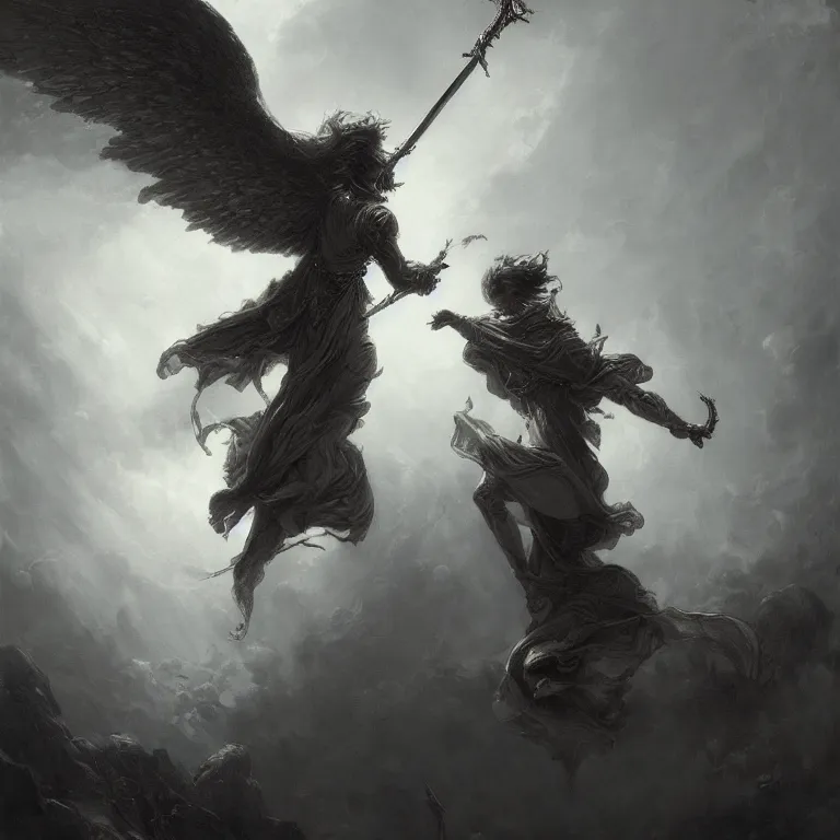 Prompt: Dark and dreary painting, a sword fight between a female angel and a demon, demon has huge wings, by Gustave Dore, by greg rutkowski, trending on artstation