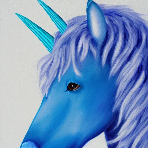 Image similar to a blue unicorn painting a self portrait, high details, 4 k, sharp fucos