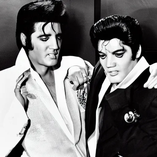 Image similar to elvis presley and michael jackson dancing, award winning photography, high detail, 4 k