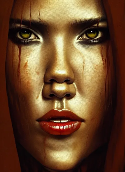 Image similar to close up portrait of jessica alba as a monster in the mountains of hell, oil painting by tomasz jedruszek, cinematic lighting, pen and ink, intricate line, hd, 4 k, million of likes, trending on artstation