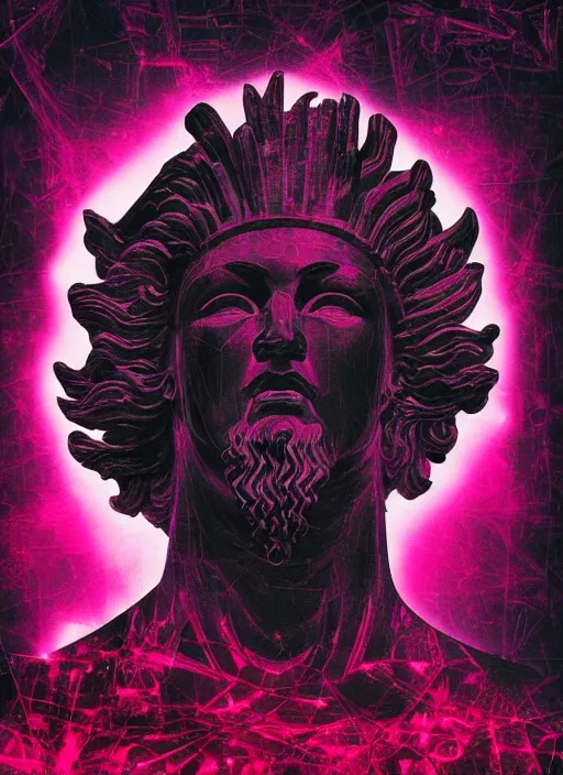 Prompt: black background!!!!!!!!!, with subtle red and purple design elements, statue of zeus, nekro, graphic design, collage art, thin lines, dark, glitch art, neo vaporwave, gritty, layout frame, square, trending on artstation