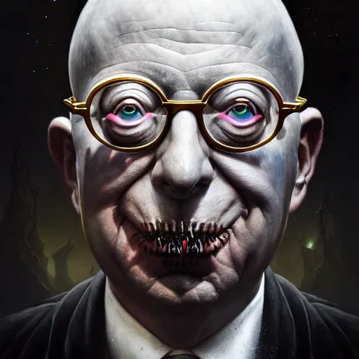 Image similar to uhd photorealistic dark scifi illustration portrait of klaus schwab wearing bizarre voodoo makeup, reading necronomicon. cinematic lighting, mad scientist style. golden ratio, accidental renaissance. in the style of akira toriyama, beksisnski, and amano and karol bak, scifi, fantasy, hyper detailed. concept art. trending on artstation