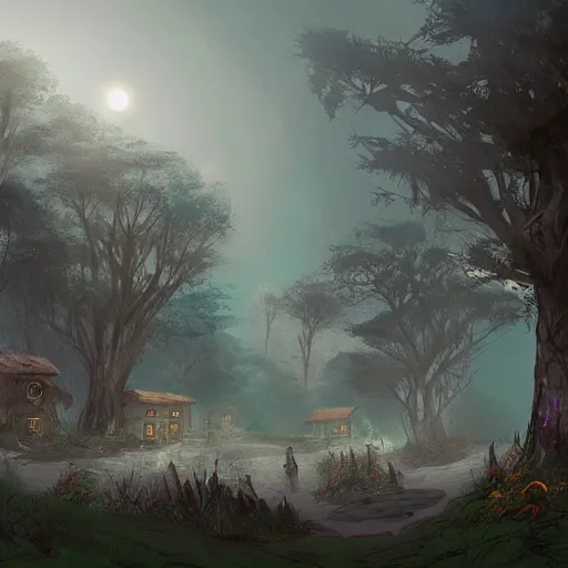 Image similar to village in the trees of a mysterious forest. mist. dusk. concept art. hyper detailed