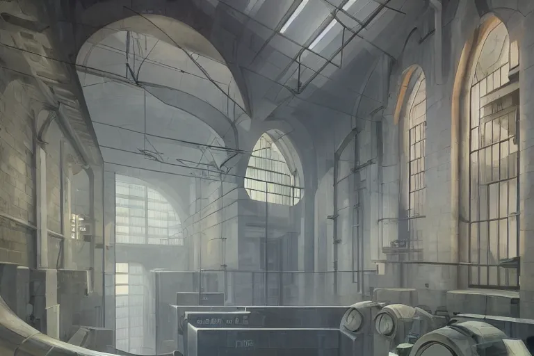 Prompt: A crypt in a hydroelectric power station, digital art, artstationhq, by Charles Sheeler and Jordan Grimmer and Victor Mosquera
