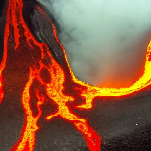 Prompt: back of a man submerged in flowing lava on a volcano with magma eruptions