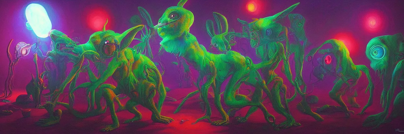 Image similar to strange alien bunny creatures from the depths of the collective unconscious, dramatic lighting, surreal darkly colorful painting by ronny khalil