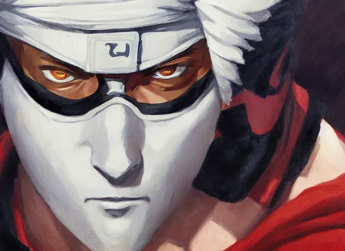 Prompt: a highly detailed beautiful portrait of kakashi hatake, by gregory manchess, james gurney, james jean