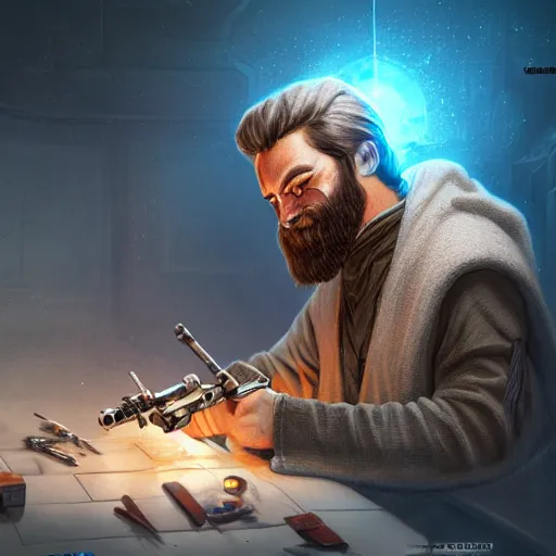 Image similar to bearded jedi working on legos, sci-fi fantasy,intricate,elegant,highly detailed, digital painting, artstation, concept art, Ultrarealistic illustration, raid71